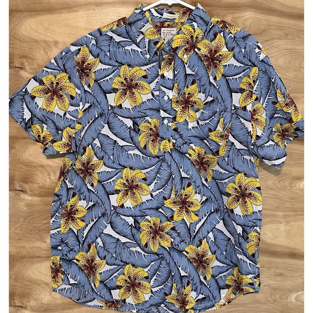 J Crew hawaiian Shirt men's Large Blue Yellow Floral Popover Lightweight Classic